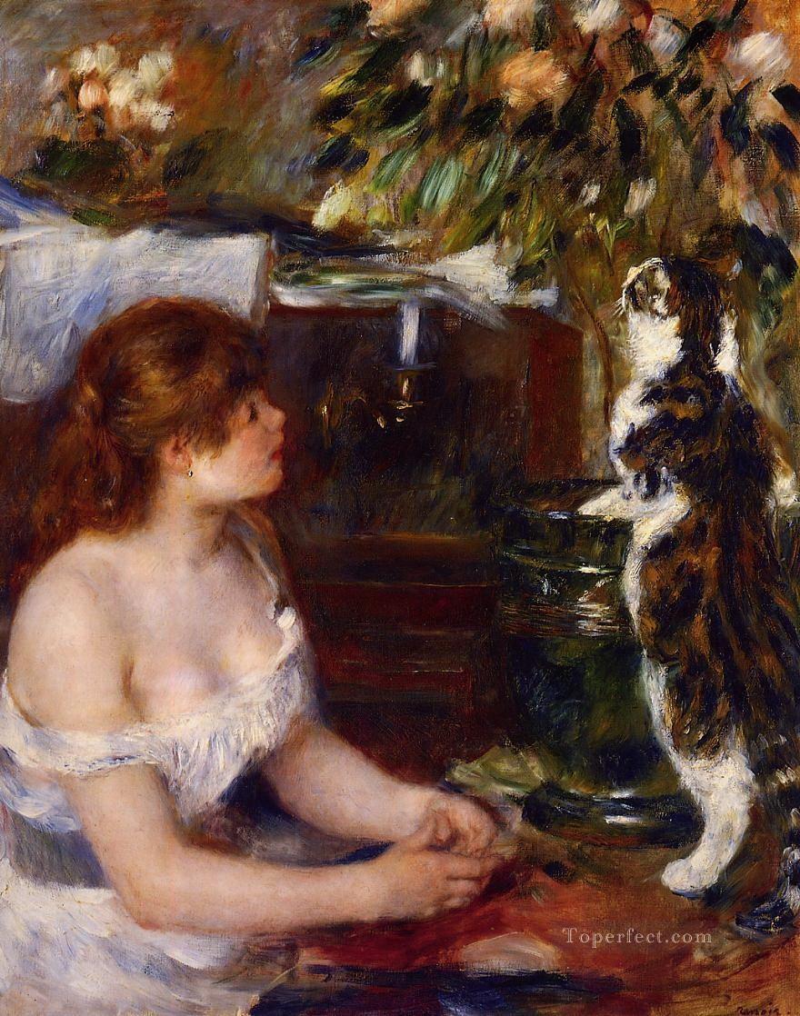 Pierre Auguste Renoir Femme avec un chat Peintures à l'huile